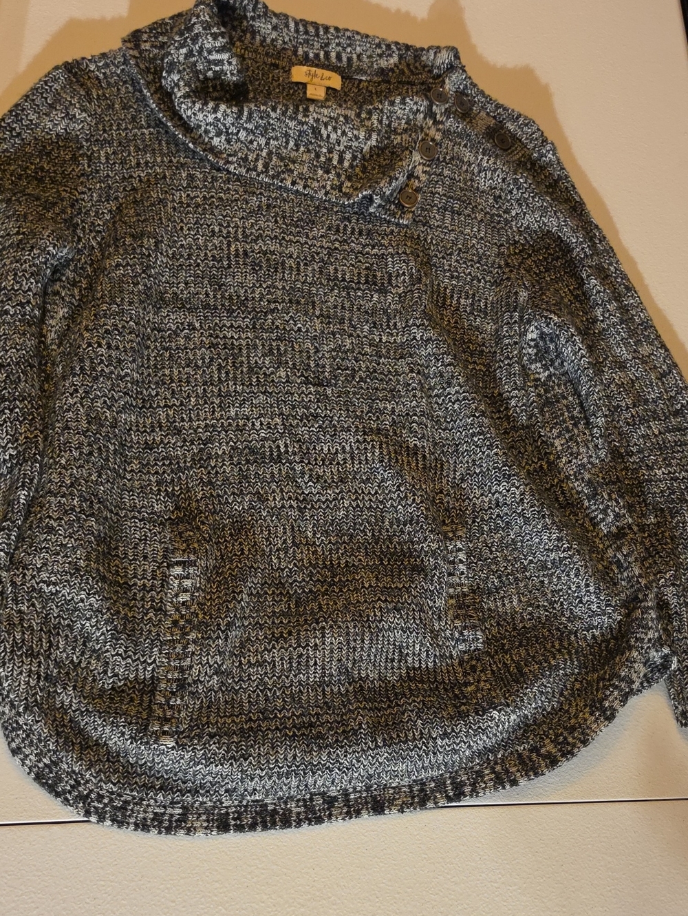 Style & Co. Black and White Marled Button-Shoulder Turtleneck Sweater